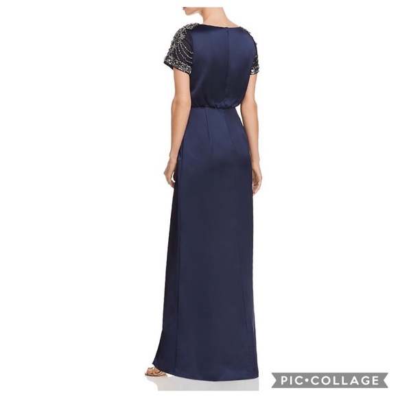 Aidan Mattox embellished short sleeve satin long gown - Picture 3 of 12
